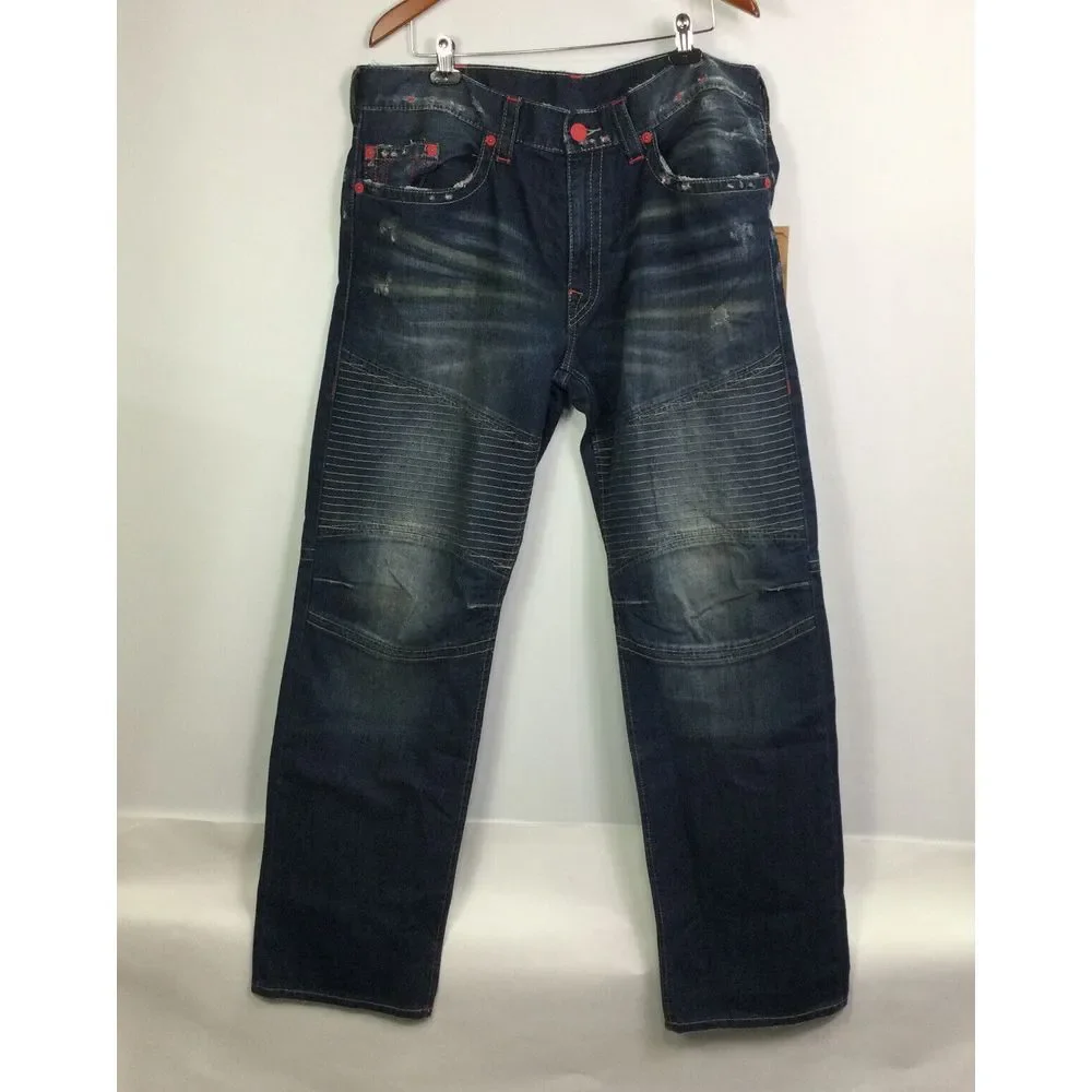 New True Religion Men Sz 44W Slim Moto Run Stitch Jeans‎ Colored Seam distressed